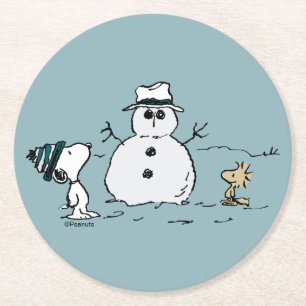Peanuts Snoopy & Woodstock Build A Snowman Round Paper Coaster