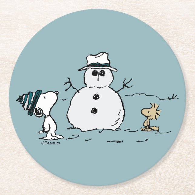 Peanuts | Snoopy & Woodstock Build A Snowman Round Paper Coaster (Front)