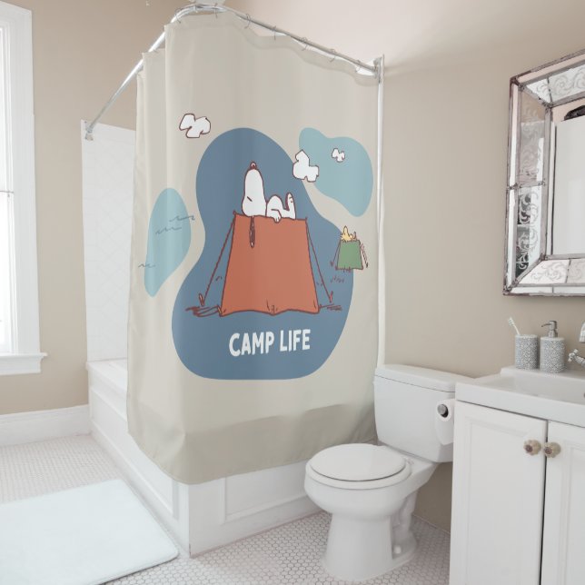 Peanuts | Snoopy & Woodstock Camp Life Shower Curtain (In Situ)
