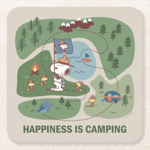 Peanuts Snoopy & Woodstock Camp Map Square Paper Coaster