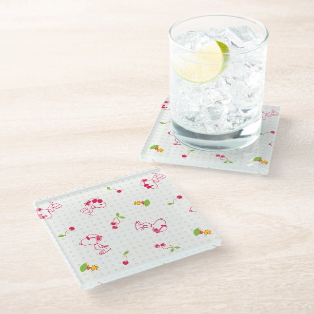 Peanuts | Snoopy & Woodstock Cherry Pattern Glass Coaster (Angled)