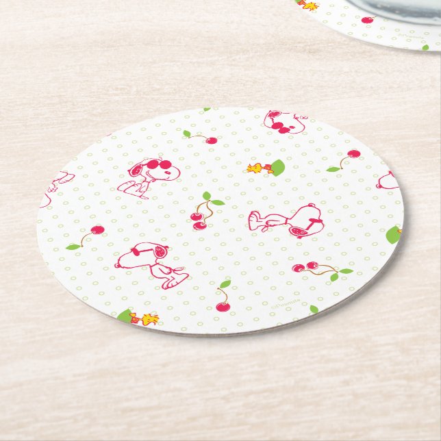Peanuts | Snoopy & Woodstock Cherry Pattern Round Paper Coaster (Angled)