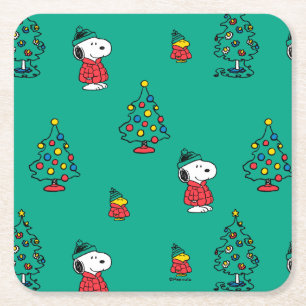 Peanuts Snoopy & Woodstock Christmas Pattern Square Paper Coaster