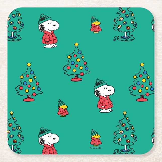 Peanuts | Snoopy & Woodstock Christmas Pattern Square Paper Coaster (Front)