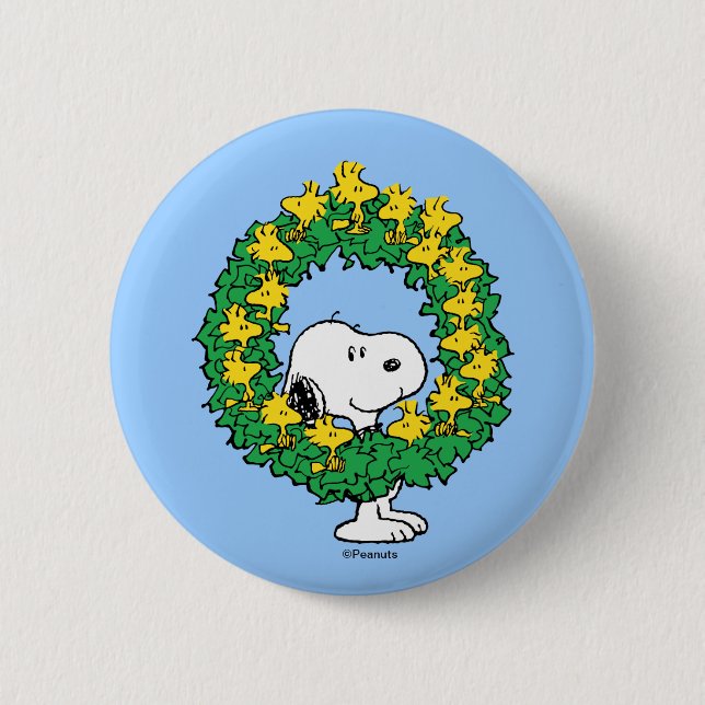 Peanuts | Snoopy & Woodstock Christmas Wreath 6 Cm Round Badge (Front)
