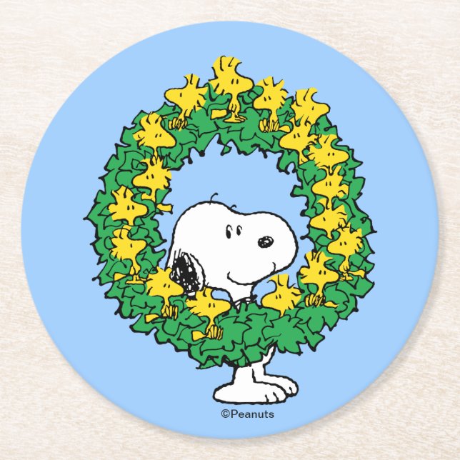 Peanuts | Snoopy & Woodstock Christmas Wreath Round Paper Coaster (Front)
