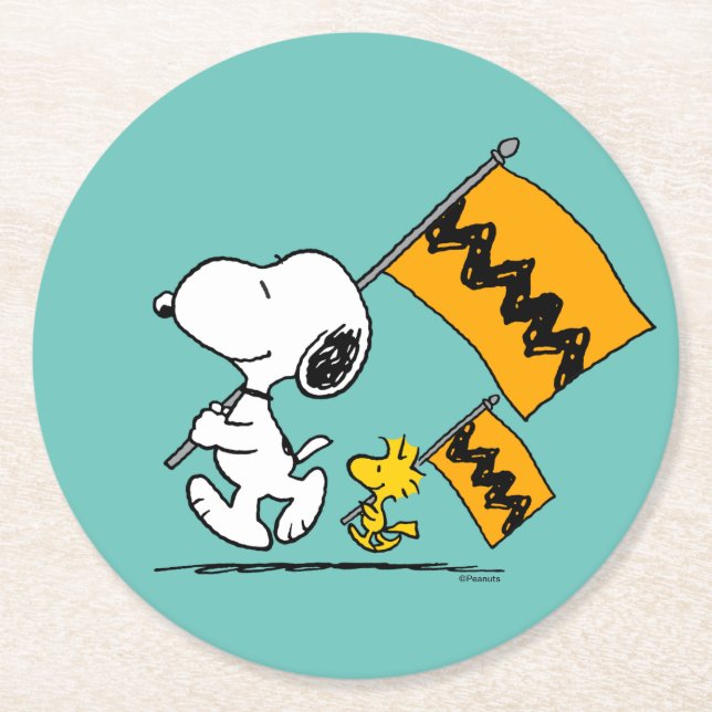 Peanuts | Snoopy & Woodstock Flags Round Paper Coaster (Front)