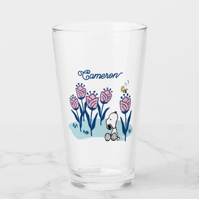 Peanuts Snoopy & Woodstock Flower | Add Your Name Glass (Front)