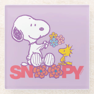 Peanuts Snoopy & Woodstock Flowers Glass Coaster