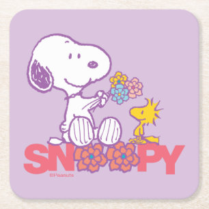 Peanuts Snoopy & Woodstock Flowers Square Paper Coaster