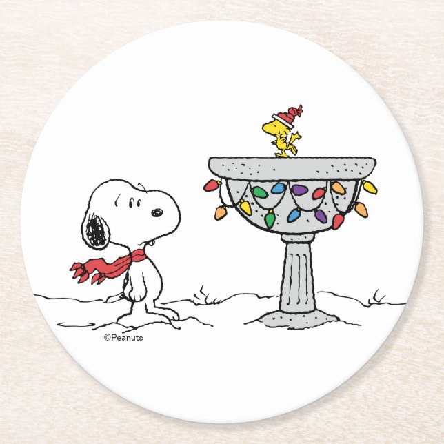 Peanuts | Snoopy & Woodstock Frozen Birdbath Round Paper Coaster (Front)