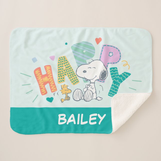 Peanuts | Snoopy & Woodstock Happy Sherpa Blanket (Front (Horizontal))