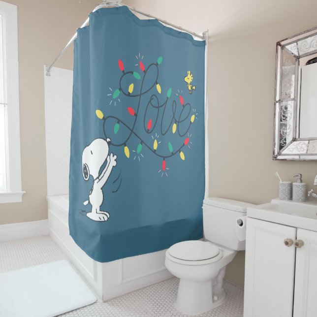 Peanuts | Snoopy & Woodstock Holiday Decorating Shower Curtain (In Situ)