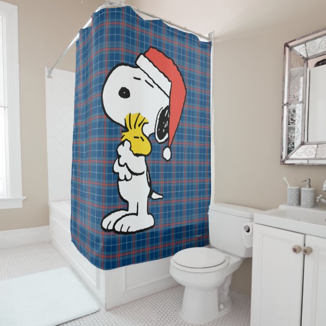 Peanuts | Snoopy & Woodstock Holiday Hugs Shower Curtain (In Situ)