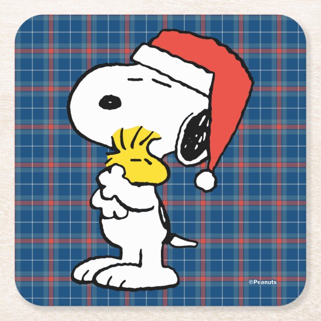 Peanuts | Snoopy & Woodstock Holiday Hugs Square Paper Coaster (Front)