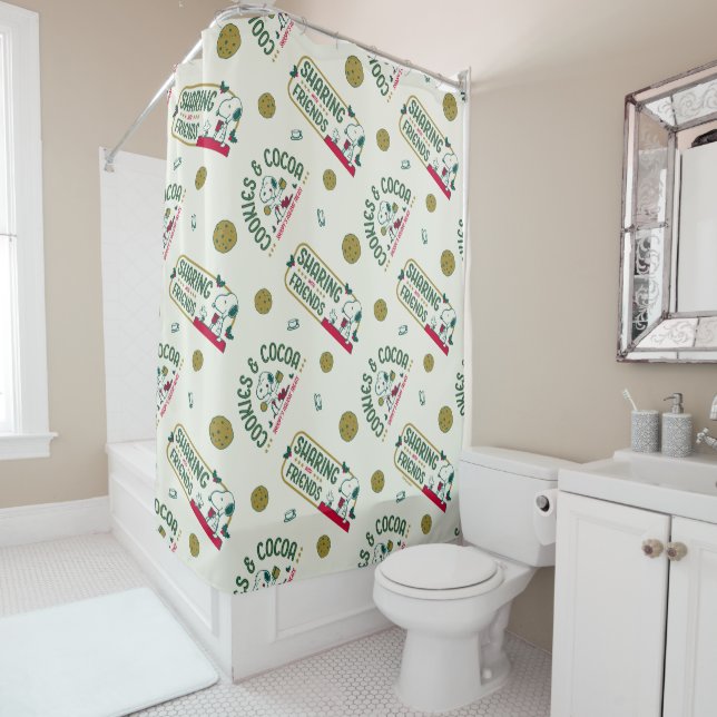 Peanuts | Snoopy & Woodstock Hot Cocoa Pattern Shower Curtain (In Situ)