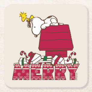 Peanuts Snoopy & Woodstock Merry Ugly Sweater Square Paper Coaster