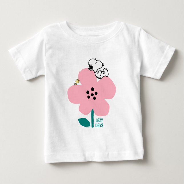 Peanuts | Snoopy & Woodstock Nap on Pink Flower Baby T-Shirt (Front)