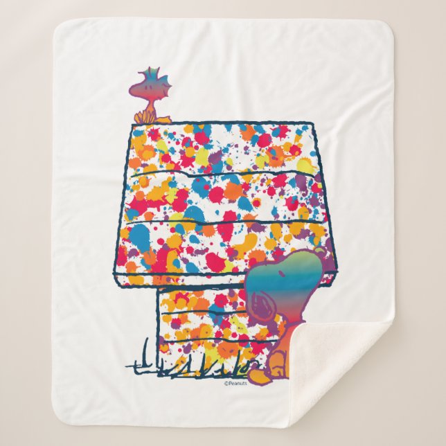 Peanuts | Snoopy & Woodstock Rainbow Paint Sherpa Blanket (Front)