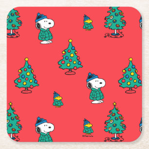 Peanuts Snoopy & Woodstock Red Christmas Pattern Square Paper Coaster