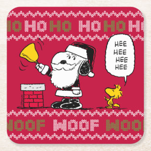 Peanuts Snoopy & Woodstock Santa Bell Ringer Square Paper Coaster