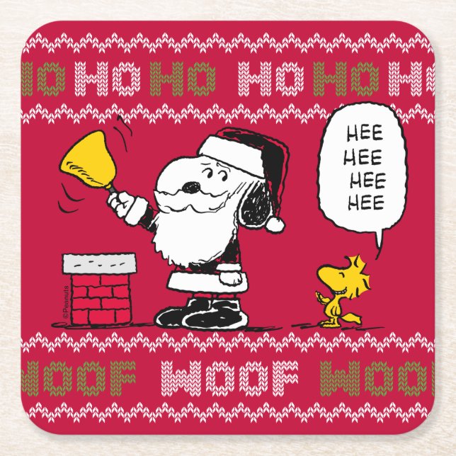 Peanuts | Snoopy & Woodstock Santa Bell Ringer Square Paper Coaster (Front)