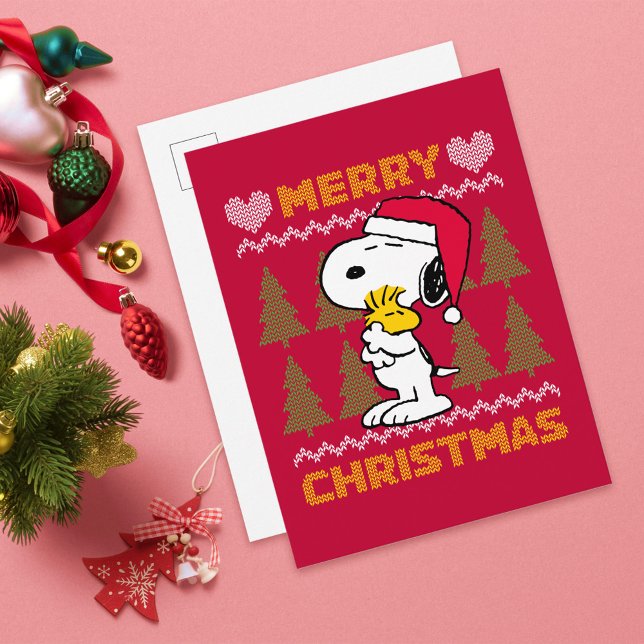 Peanuts | Snoopy & Woodstock Santa Claus Hug Postcard (Card on table)