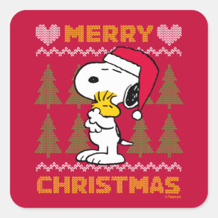 Peanuts   Snoopy & Woodstock Santa Claus Hug Square Sticker