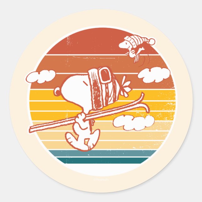 Peanuts | Snoopy & Woodstock Ski Trip Classic Round Sticker (Front)