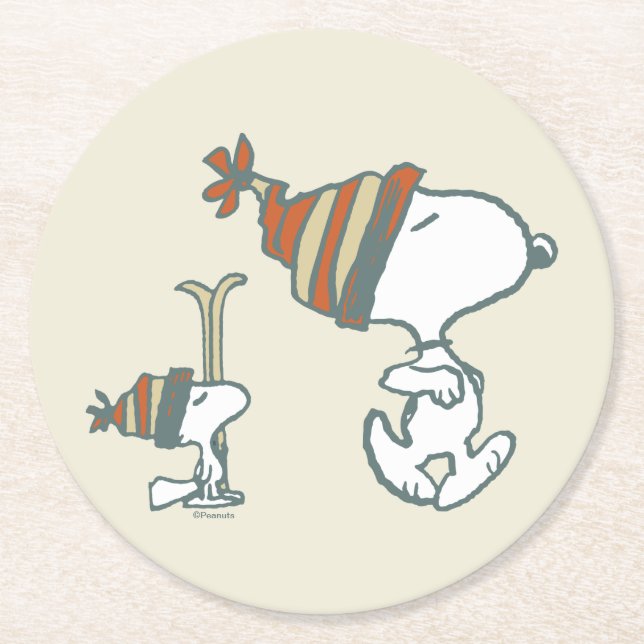 Peanuts | Snoopy & Woodstock Ski Trip Round Paper Coaster (Front)