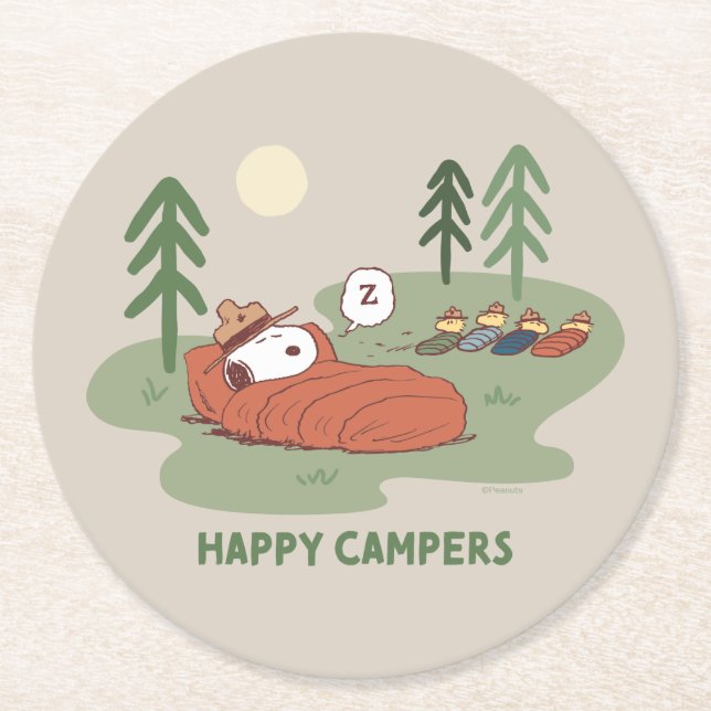 Peanuts | Snoopy & Woodstock Sleeping Campers Round Paper Coaster (Front)