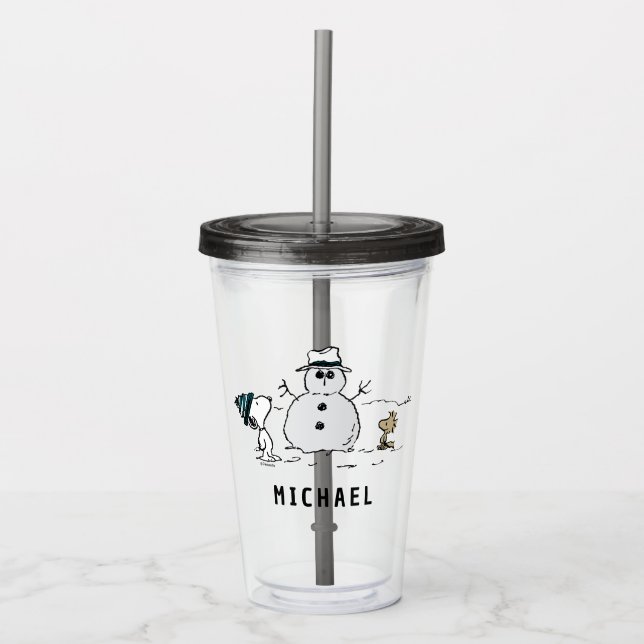 Peanuts | Snoopy & Woodstock Snowman | Add Name Acrylic Tumbler (Front)