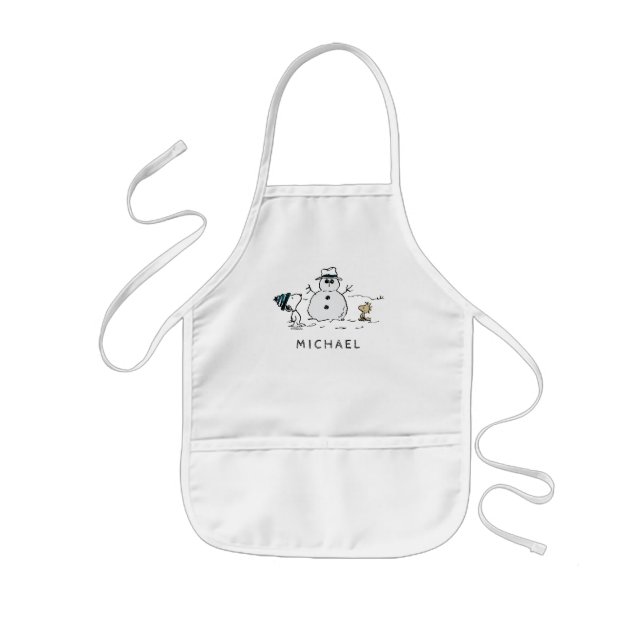 Peanuts | Snoopy & Woodstock Snowman | Add Name Kids Apron (Front)