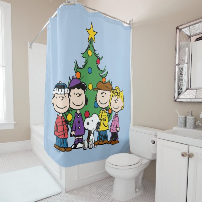 Peanuts | The Gang Around the Christmas Tree Shower Curtain (In Situ)