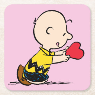 Peanuts   Valentine's Day Charlie Brown Red Heart Square Paper Coaster