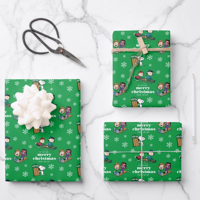 Peanuts | Winter Sledding Fun Pattern Wrapping Paper Sheet (Front)