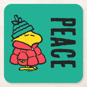 Peanuts Woodstock Puffy Winter Jacket Square Paper Coaster
