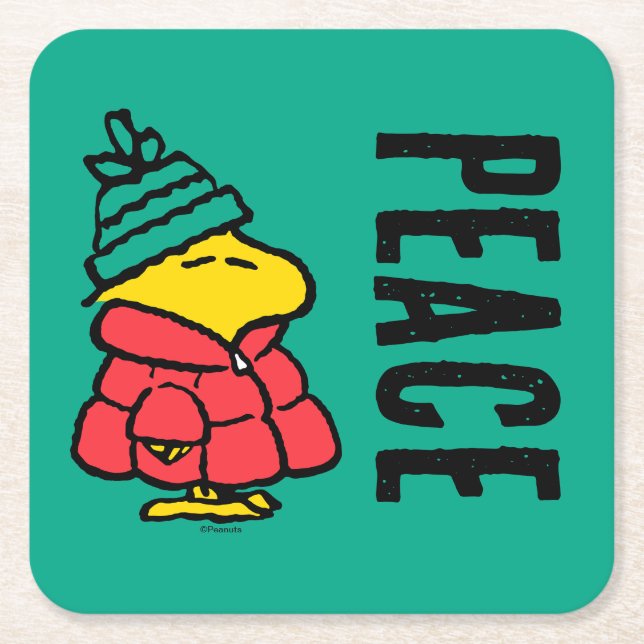 Peanuts | Woodstock Puffy Winter Jacket Square Paper Coaster (Front)