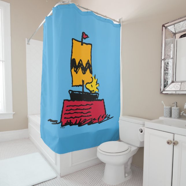 Peanuts | Woodstock Snoopy Dish Sail Boat Shower Curtain (In Situ)