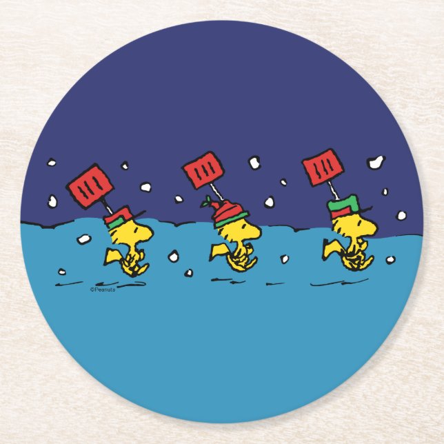 Peanuts | Woodstock Snow Shovel Team Round Paper Coaster (Front)