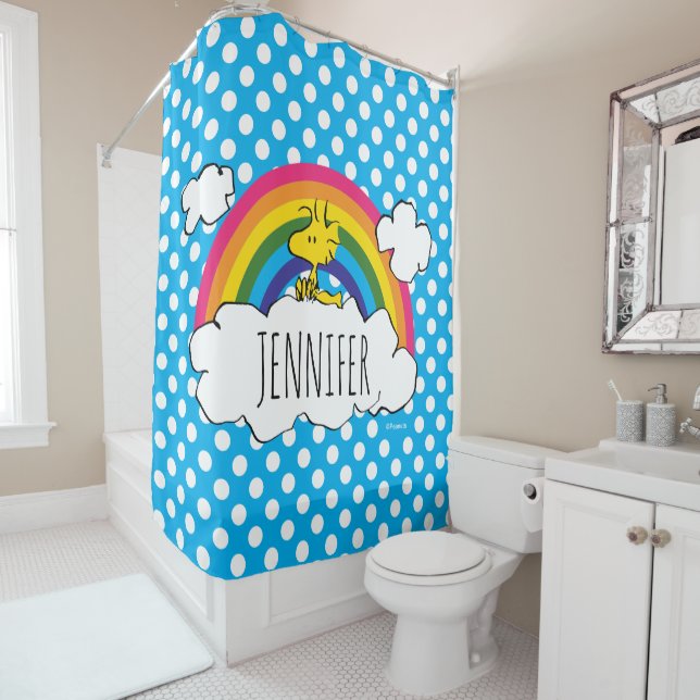 PEANUTS | Woodstock's Rainbow Polka Dots Shower Curtain (In Situ)