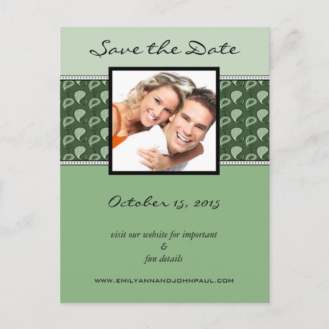 PeaPod Green Paisley Save The Date Your Photos Announcement Postcard (Front)