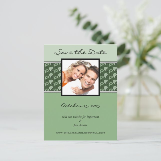 PeaPod Green Paisley Save The Date Your Photos Announcement Postcard (Standing Front)