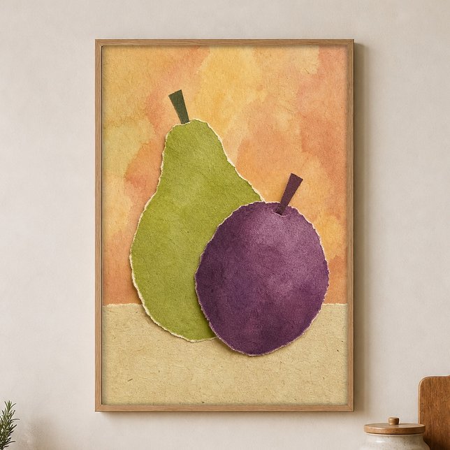 Pear and Plum Cutouts Watercolour Poster (Shown framed for scale. Poster ships unframed; frames are an optional add-on.)