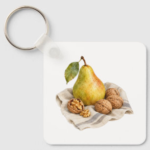 Pear and Walnuts on a Linen Cloth Key Ring