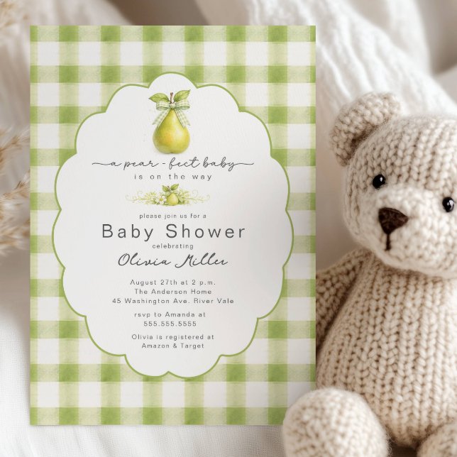 Pear-fect Baby Shower Green Gingham Invite (Creator Uploaded)