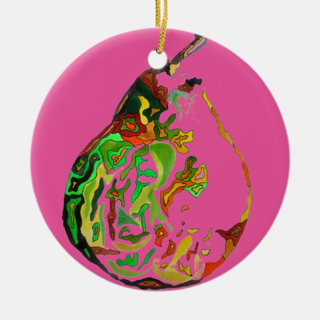 Pear fruit pop art watercolour illustration ceramic tree decoration (Front)