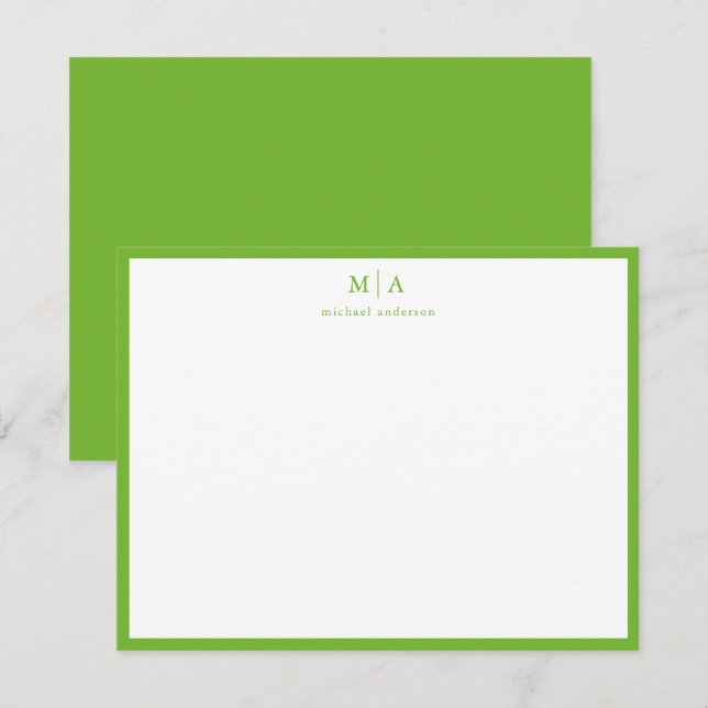Pear Green Classic Border Monogram Correspondence Card (Front/Back)