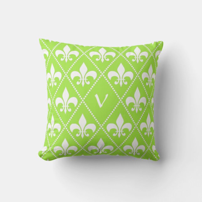 Pear Green Fleur de Lis with monogram initial Cushion (Front)