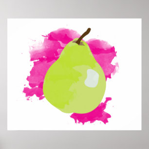 Pear Illustration with Pink Watercolor Splash Poster